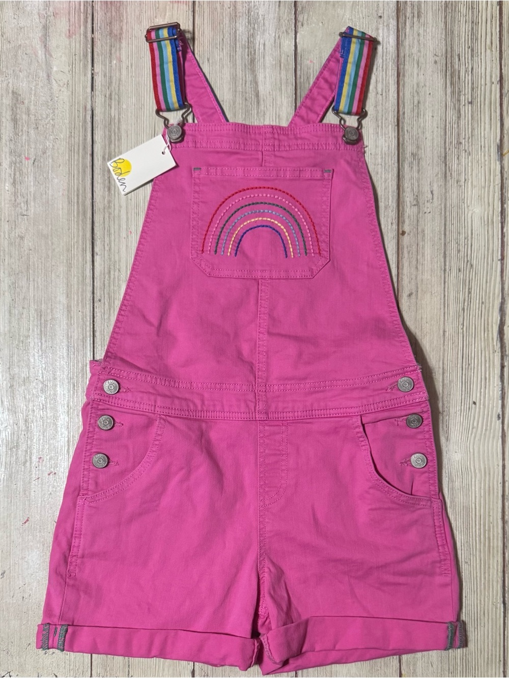 NWT Mini Boden pink rainbow overalls shortalls Girls 11-12y